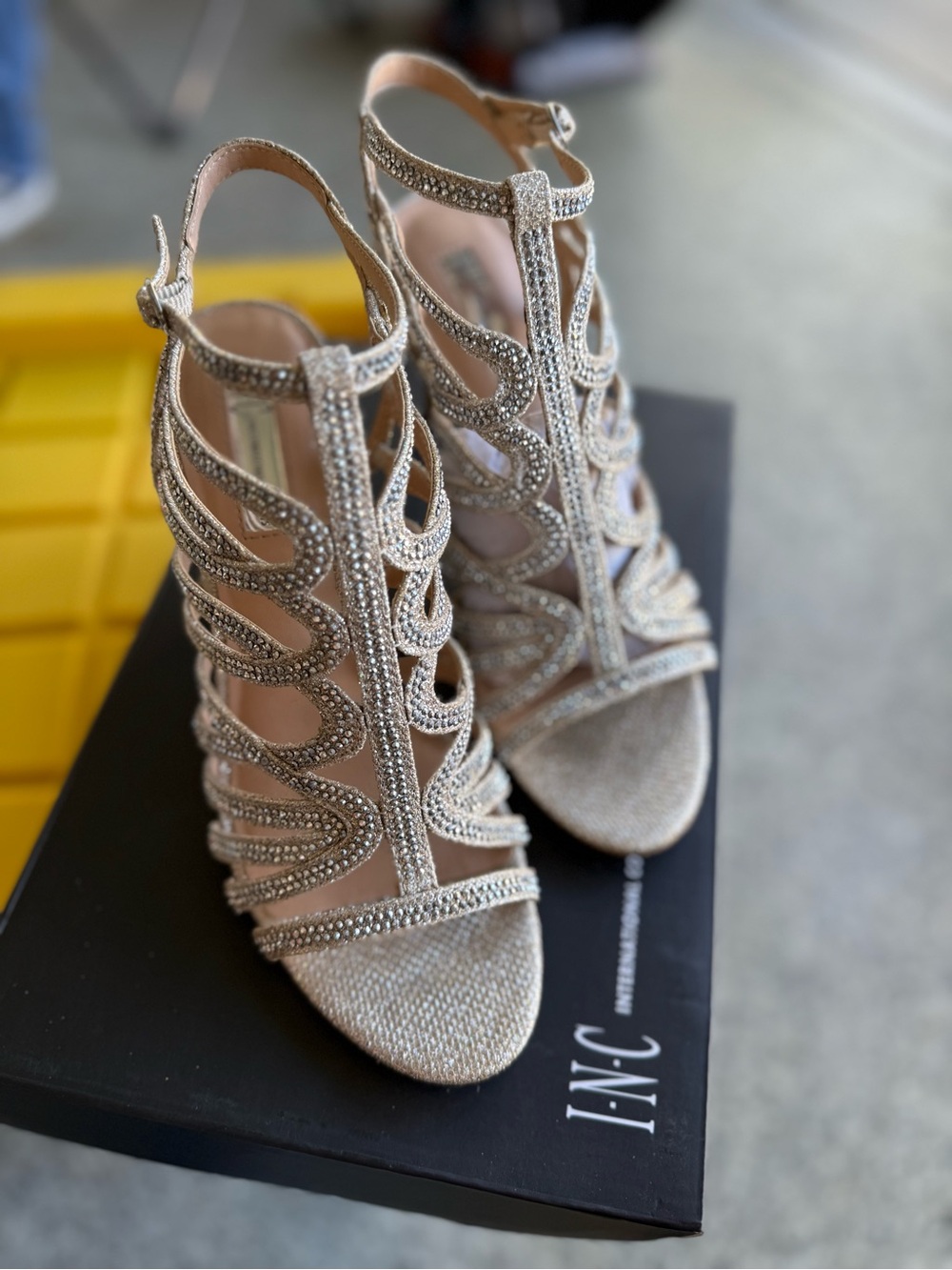INC International Concepts Champagne Gold Crystal Cutout Heels